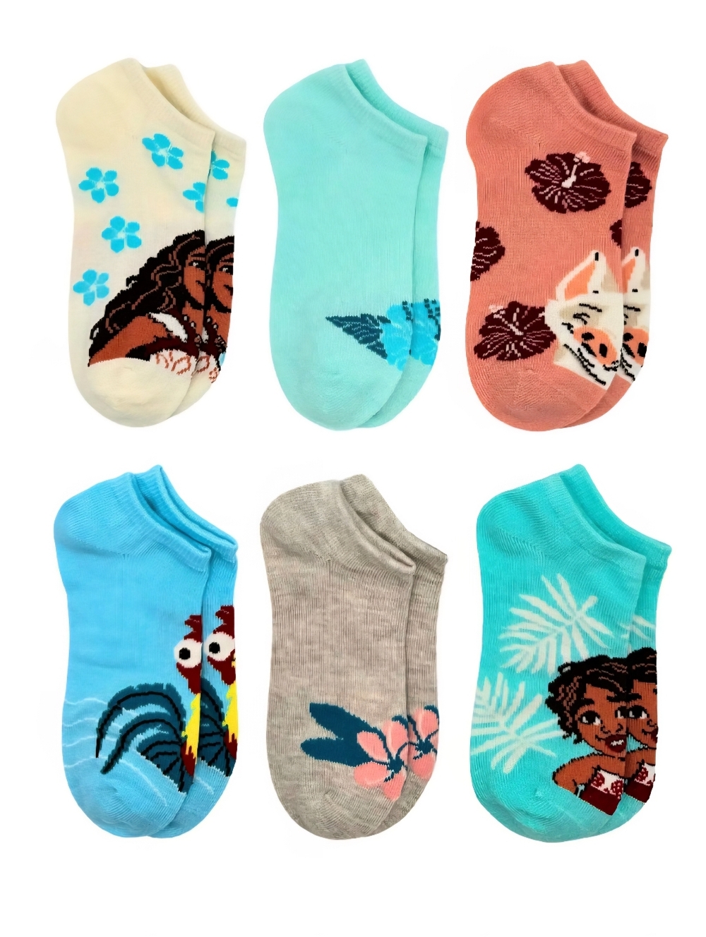 • NWT Disney Moana 2 No Show Socks 6 Pairs Girl's Shoe Size Large 4-10